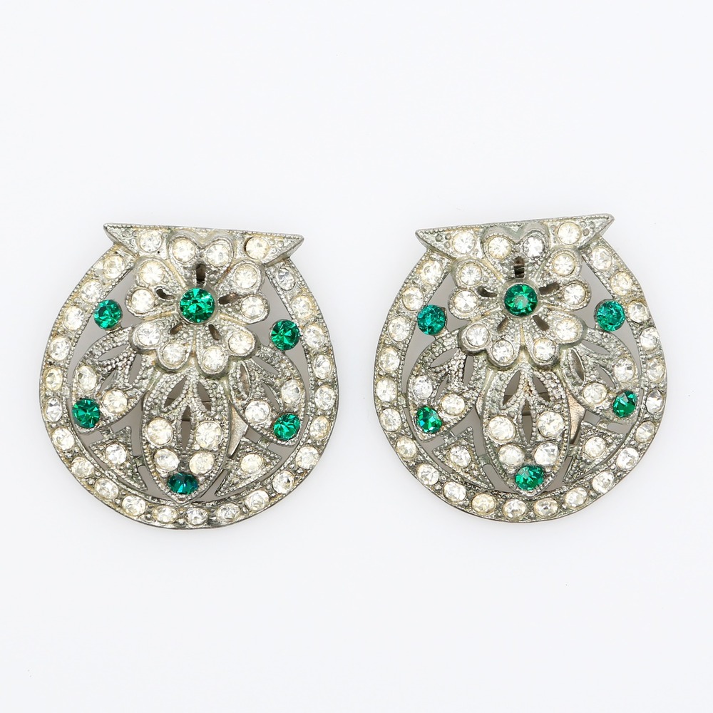 Vintage Coro Duette Brooch Dress Clips Green Clear Rhinestone Art Deco Pin 1930s - Picture 3 of 12